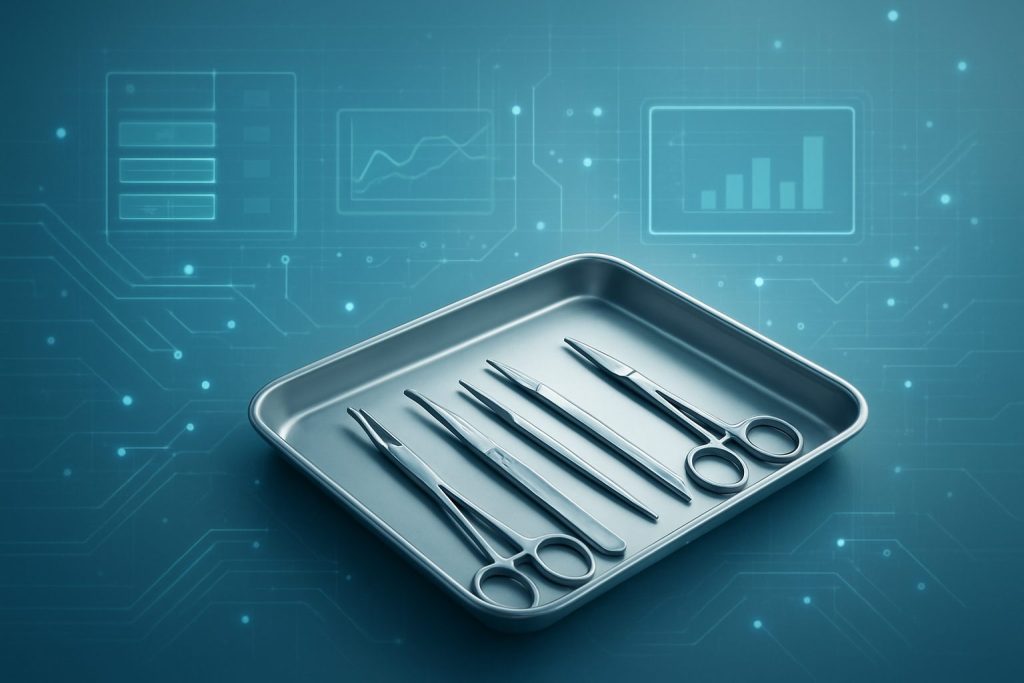 Surgical instruments neatly arranged on a tray with a digital data background.