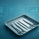 Surgical instruments neatly arranged on a tray with a digital data background.