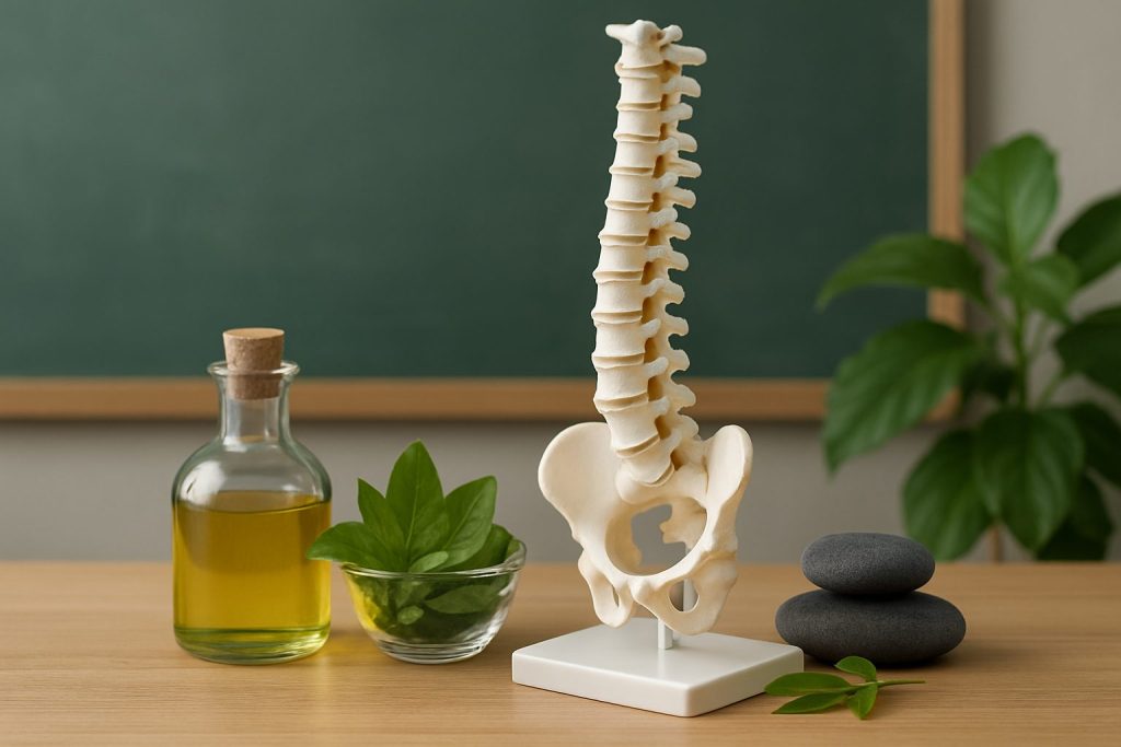 A model of a human spine displayed on a table with a plant, an oil bottle, and smooth stones in the background