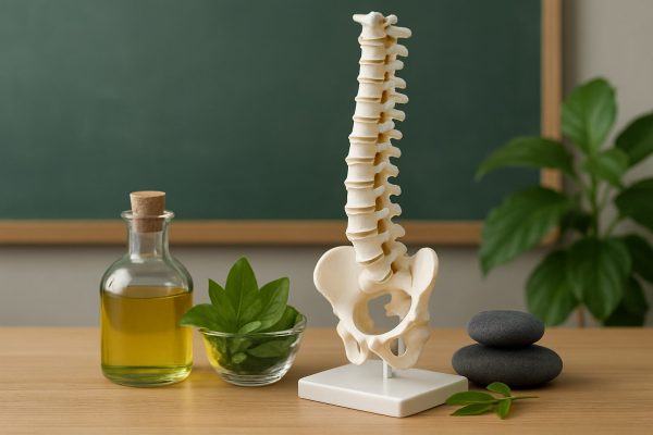 A model of a human spine displayed on a table with a plant, an oil bottle, and smooth stones in the background