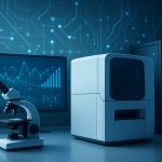 A modern laboratory setup featuring a microscope and a futuristic diagnostic device against a backdrop of a digital data