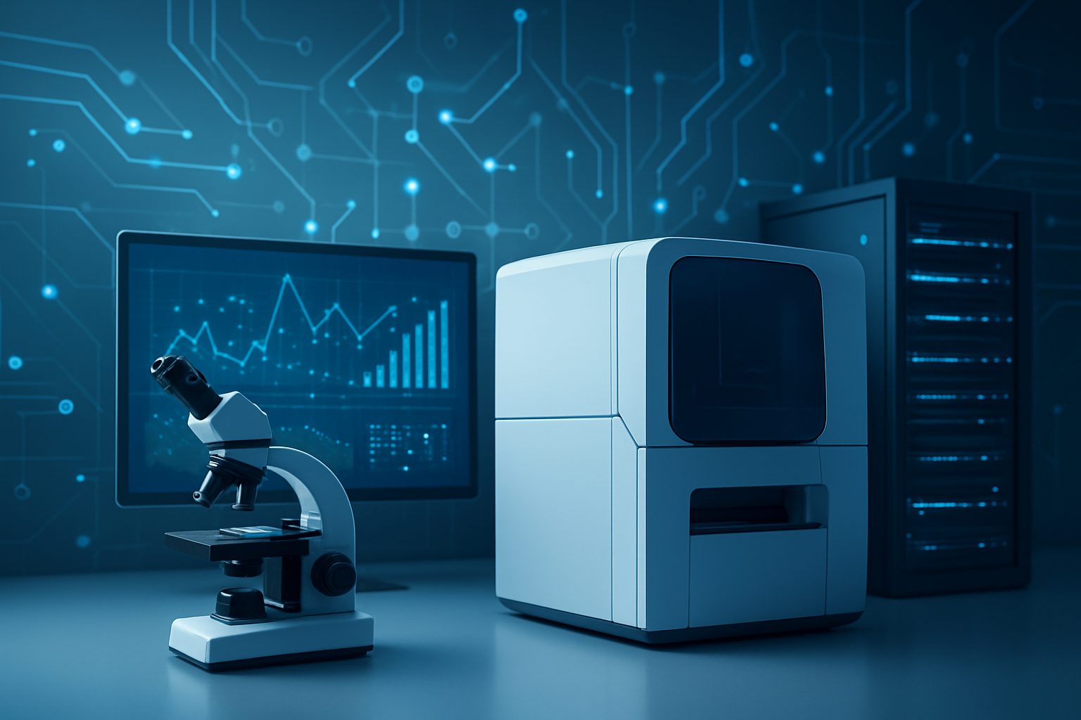 A modern laboratory setup featuring a microscope and a futuristic diagnostic device against a backdrop of a digital data