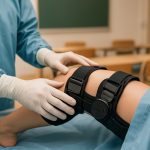 A medical professional adjusting a knee brace on a patient's leg in a clinical setting