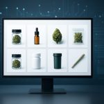 A computer monitor displaying various cannabis products in different containers arranged in a grid format.
