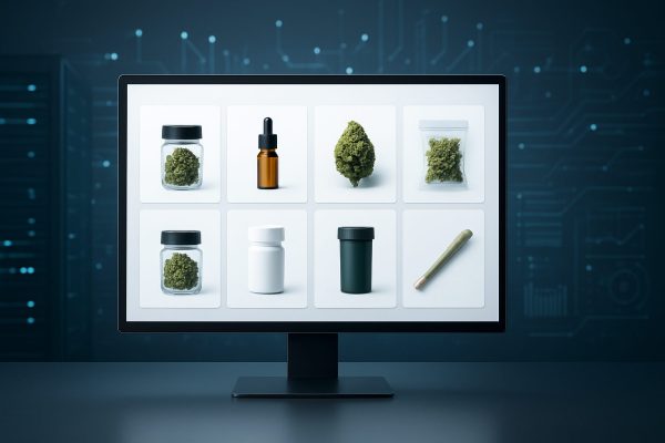 A computer monitor displaying various cannabis products in different containers arranged in a grid format.