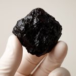 A close-up of a piece of shiny black shilajit held in a gloved hand against a neutral background