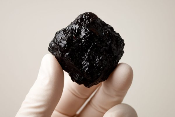 A close-up of a piece of shiny black shilajit held in a gloved hand against a neutral background