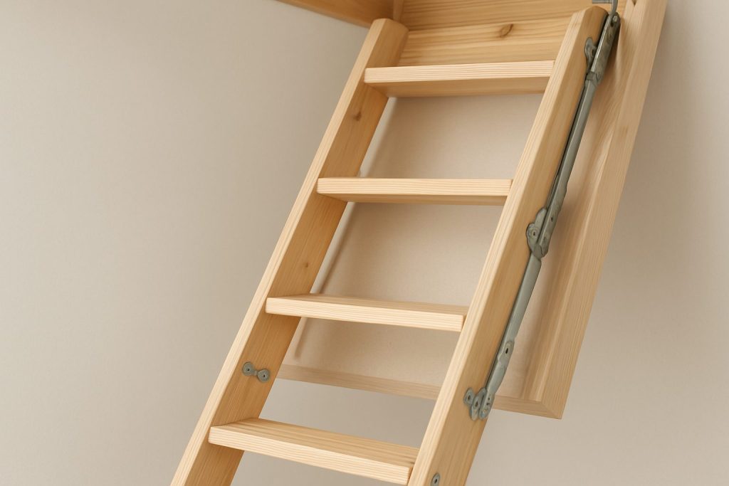 Close-up of a wooden loft ladder with metal hinges against a neutral wall