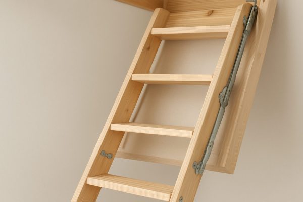 Close-up of a wooden loft ladder with metal hinges against a neutral wall